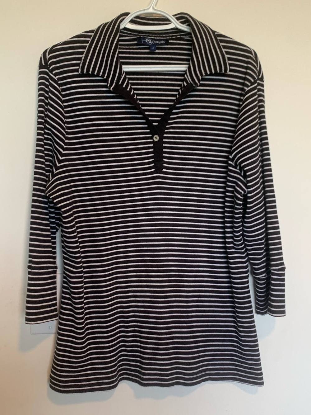 VTG Y2K Black & White Striped Henley Pullover Collared button 3/4 Sleeve 1X XL